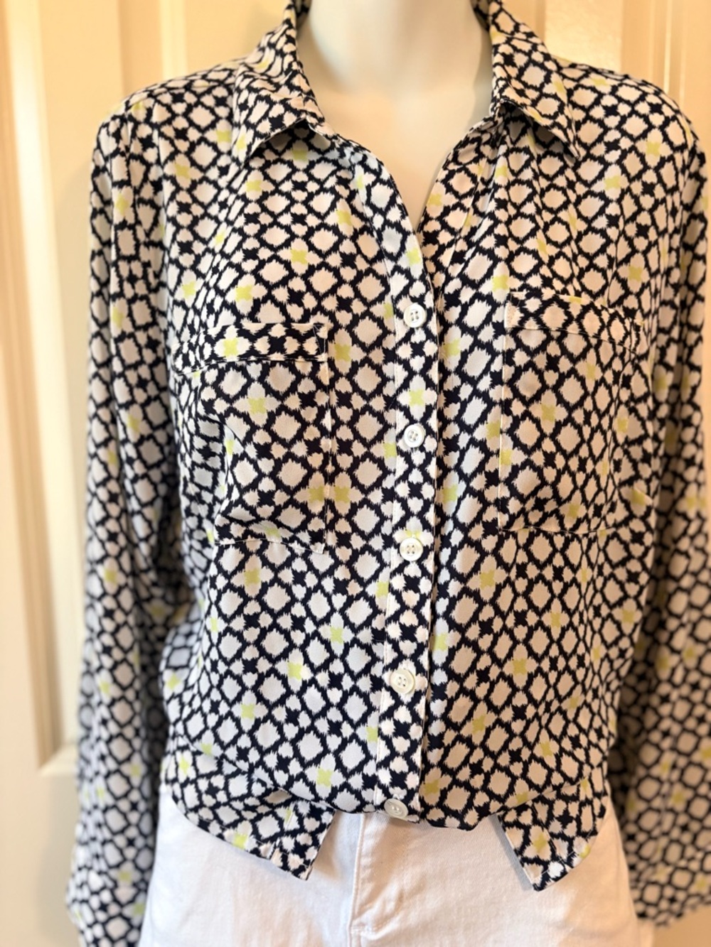 Womens Navy & yellow Geometric Button-Front Top, size XL